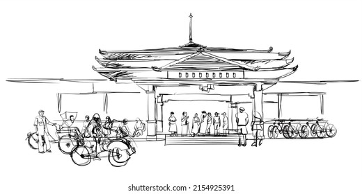 Schwarz-Weiß-Skizze eines Bahnhofs in der Stadt Solo, Central Java, Indonesien. Vektorgrafik