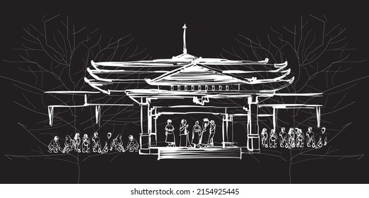 Schwarz-Weiß-Skizze eines Bahnhofs in der Stadt Solo, Central Java, Indonesien. Vektorgrafik