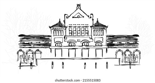 Schwarz-Weiß-Skizze eines Bahnhofs in der Stadt Cirebon, West Java, Indonesien. Vektorgrafik