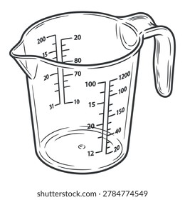 A black and white sketch of a transparent measuring cup with clear volumetric markings and a handle.