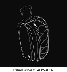 A black and white sketch of a trolley bag features a sturdy handle, smooth wheels, and detailed design elements. Ideal for travel-related projects, the illustration highlights practicality.