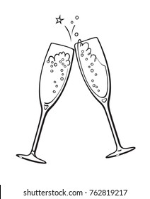 Black and white sketch of two glasses of champagne. Merry Christmas and Happy New Year design element. Retro style vector illustration.