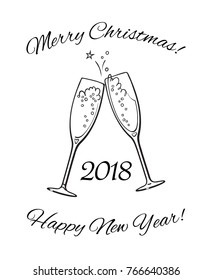 Black and white sketch of two glasses of champagne. 2018, Merry Christmas and Happy New Year text. Retro style vector illustration.