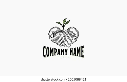 A black and white sketch of two hands cupping a small green plant, with the words "Company Name" and "Tagline" written below.