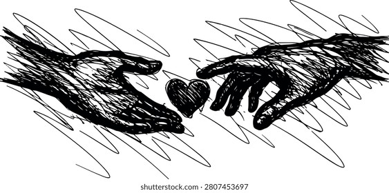 A black and white sketch of two hands reaching towards each other, with a heart in between them. The background is filled with scribbled lines.