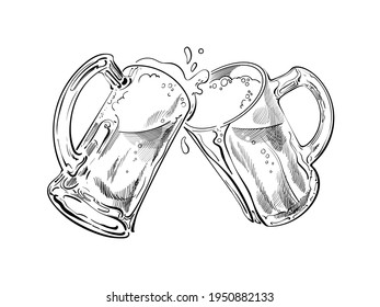 Black and white sketch of two toasting beer mugs. Cheers. Clinking glass tankards full of beer and splashed foam. Hand drawn vector illustration isolated on white background.