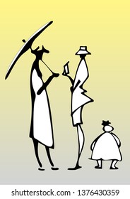 black and white sketch of two women and a child