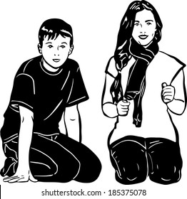 black and white sketch vector boy and girl sitting next 