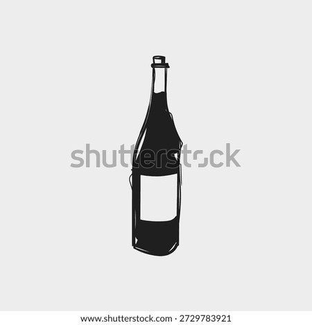Black and white sketch vector of a classic wine bottle with cork and blank label. Minimalist hand-drawn line art style, perfect for wine menus, restaurant branding, labels, invitations, winery designs and beverage packaging.