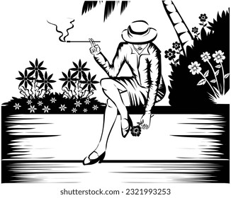 schwarz-weißer Skizze, Vektordesign einer Frau in einem sexy Kleid und mit einem Hut, der in einem Blumengarten sitzt und eine Pfeife raucht und eine gefallene Blume hält