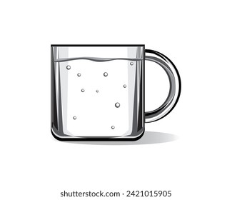 black and white sketch vector design of a clear glass glass filled with water with a small bubble effect in it