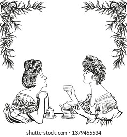 Black and white sketch vector drawing. Two women talk and drink tea.