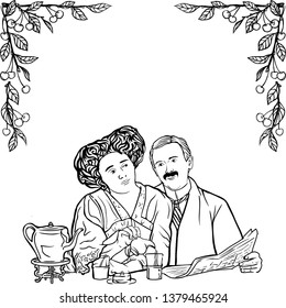 Black and white sketch vector drawing. Couple talk and drink tea.