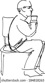 black and white sketch vector grandfather drinking from a glass sitting on a chair 