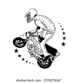 Dibujo vectorial en blanco y negro ilustra un corredor de salto libre en blanco y negro montando una minimoto con decoración de estrellas