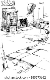 black and white sketch vector urban alley with payphones 