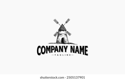 Un boceto en blanco y negro de un molino de viento, utilizado como logotipo con las palabras "nombre de la empresa" a continuación.