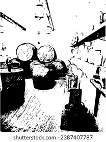Black and white sketch of a wine cellar with wooden barrels. hand drawn