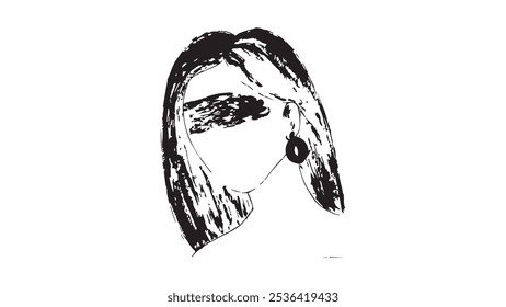 Schwarz-weiße Skizze von Frau mit bandagierten Augen, Mädchen Gesicht im Grunge-Stil, Tattoo Skizze, Porträt von jungen Mädchen ohne Augen, Silhouette der Dame Kopf, Konzept von Gerechtigkeit und Fairness