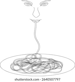 Black and white sketch of a woman eating spaghetti. Vector cartoon illustration. Template for advertising, posters and banners, simple funny illustrations with woman eating spaghetti.	