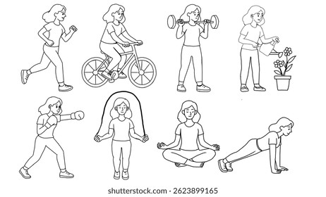 Esboço preto e branco de uma mulher realizando várias atividades saudáveis como corrida, ciclismo, levantamento de peso, jardinagem, boxe, salto, ioga e meditação. Ideal para colorir livros ou visu de saúde
