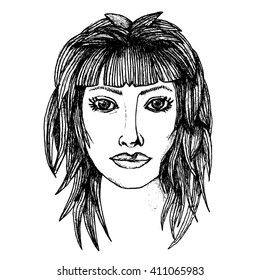 Black and white sketch of a woman's face. Hand draw vector illustration