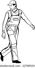black and white sketch of a worker in a cap and gloves coveralls 