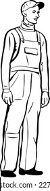 black and white sketch of a worker in a cap and gloves, coveralls 