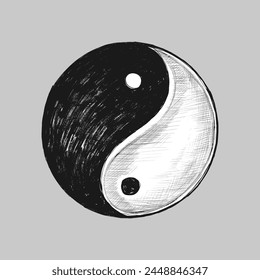 Black and white sketch of a yin yang symbol representing balance and harmony.