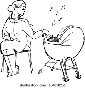 black and white sketch of a young mother shakes  stroller 