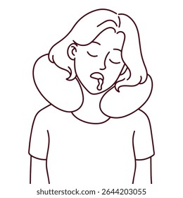 Black and white sketch of young woman sleeping with travel pillow. Ideal for coloring pages, educational materials or editorial illustrations.