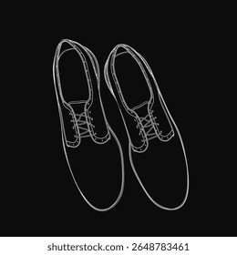 Black and white sketched men's shoes with detailed laces and soles stand out against a dark background. The clean lines and high contrast highlight the footwear's design.