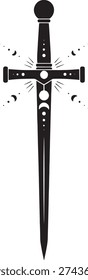 Espada bosquejada en blanco y negro con símbolos celestiales y destellos