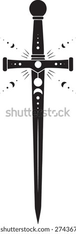 Black and white sketched sword with celestial symbols and sparkles