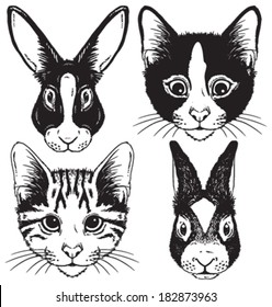 Black and white sketches of cute rabbits and cats. Vector Illustrations. 