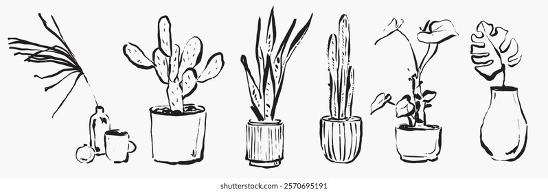 Black and white sketches of potted plants, featuring various cacti and leafy plants. Simple, artistic plant drawings in pots, showcasing different plant types. Home decor vector set.