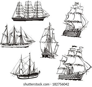 Black and white sketches of sailing ships. Set of vector illustrations.