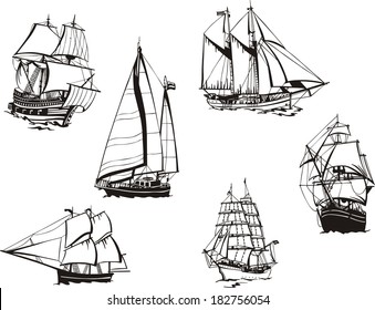 Dibujos en blanco y negro de barcos de vela. Conjunto de ilustraciones vectoriales.