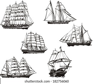 Black and white sketches of sailing ships. Set of vector illustrations.