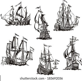 Black and white sketches of sailing ships. Set of vector illustrations.