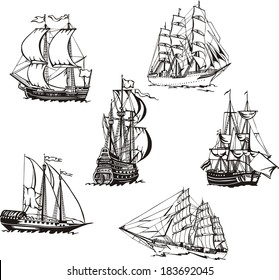 Black and white sketches of sailing ships. Set of vector illustrations.