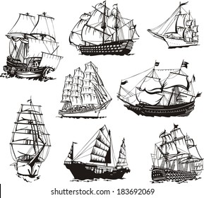 Black and white sketches of sailing ships. Set of vector illustrations.