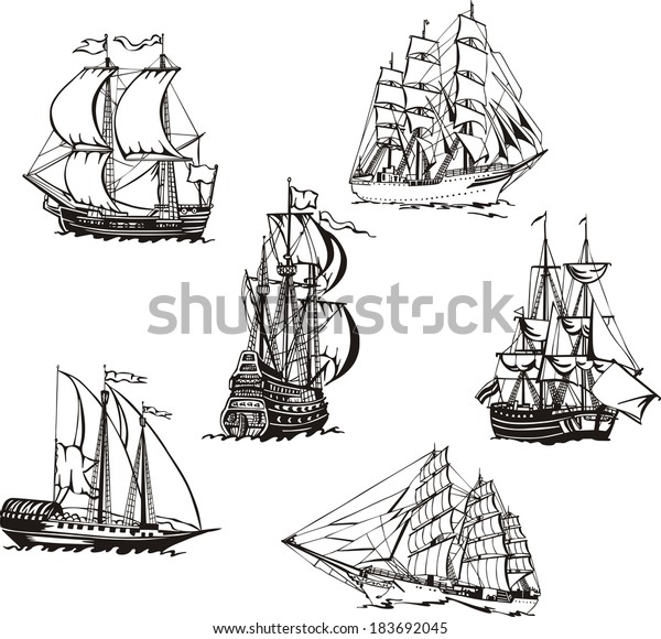 Black White Sketches Sailing Ships Set Stock Vector (Royalty Free ...