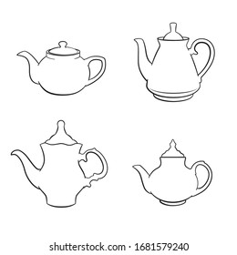 Black and white sketches of teapots. Various shapes. Coloring page for kids and adults.