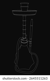 A black and white sketch-style hookah pot with a long stem and decorative bowl, isolated on a dark background. The drawing features clean lines and a minimalist aesthetic, emphasizing the traditional.