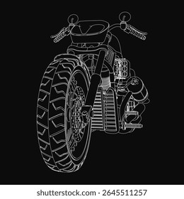 Black and white sketch-style motorcycle with detailed handlebars, seat, and wheels stands out against a stark black background. The intricate linework highlights the bike's design, creating a bold.