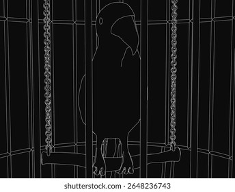 Um papagaio preto e branco fica em uma gaiola de metal com correntes, asas abertas e bico ligeiramente aberto. O desenho detalhado enfatiza o confinamento do pássaro com linhas expressivas e em negrito.