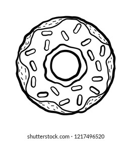 Black and White Sketchy Donut With Sprinkles on White Background.