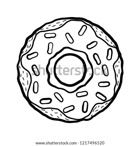 Black and White Sketchy Donut With Sprinkles on White Background.
