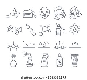 Black and white skin care and beauty cosmetics icons set. Outline signs for cosmetic product package. Flat line art vector illustration